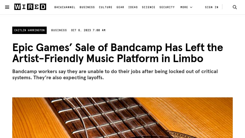 Screenshot of wired.com: Epic Games Sale of Bandcamp Has Left the Artist-Friendly Music Platform in Limbo