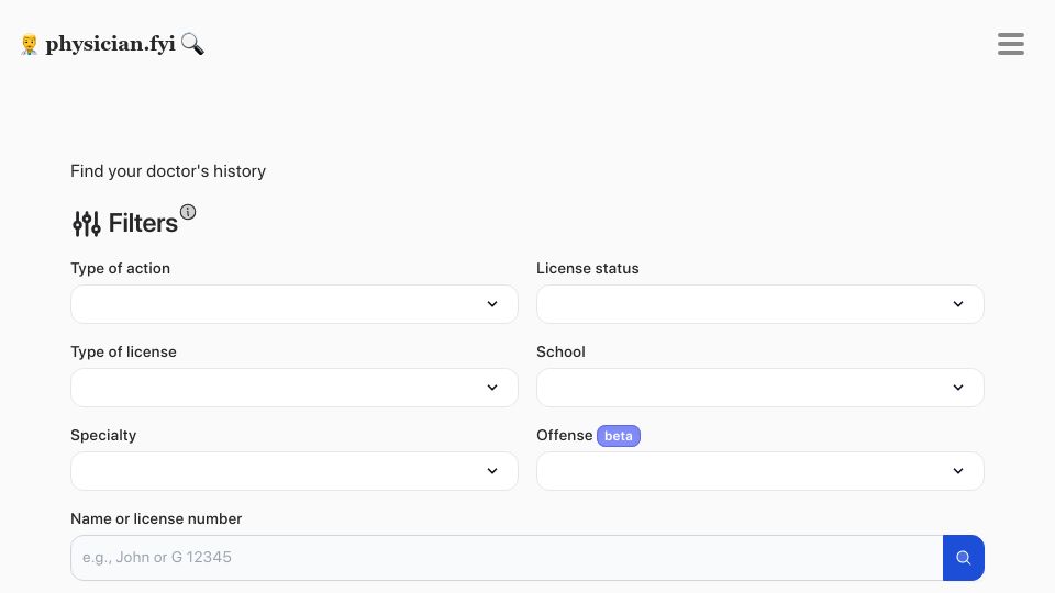 Screenshot of physician.fyi: Show HN: Explore doctors' disciplinary history