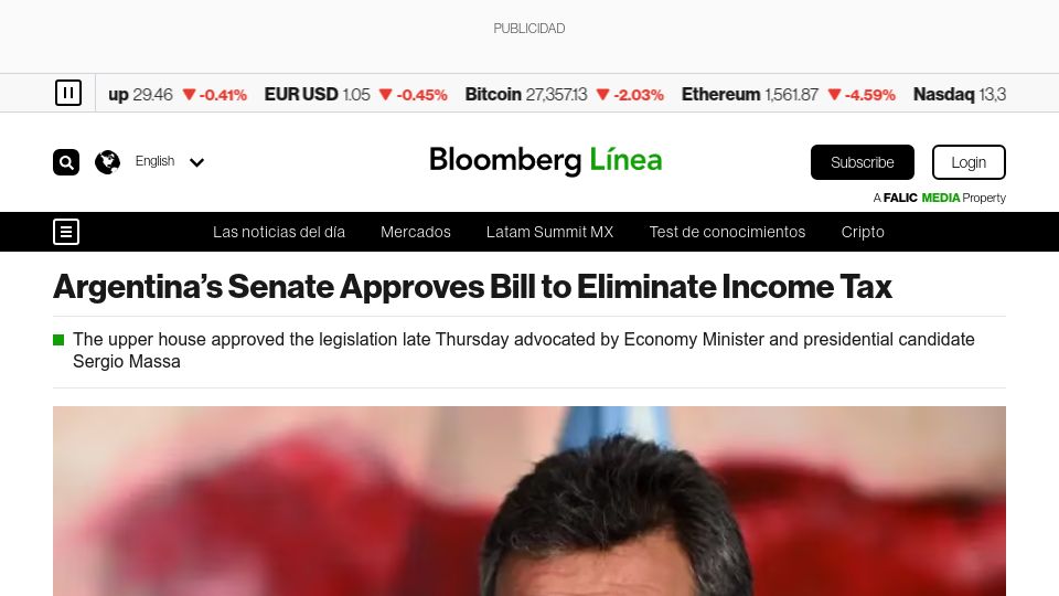Screenshot of bloomberglinea.com: Argentina's Senate Approves Bill to Eliminate Income Tax