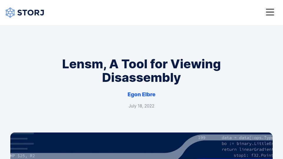 Screenshot of storj.io: Lensm, a tool for viewing disassembly