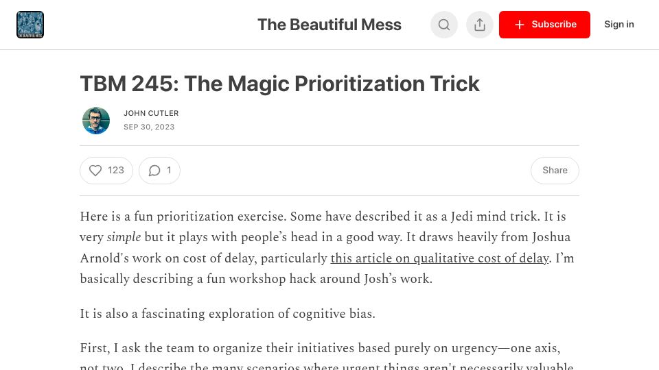 Screenshot of cutlefish.substack.com: The Magic Prioritization Trick