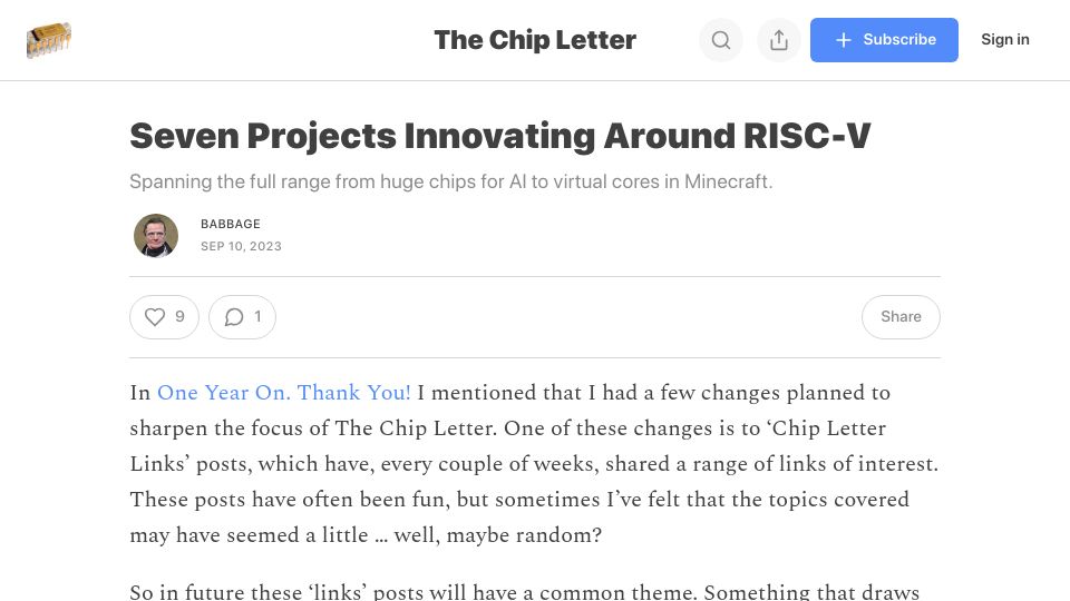 Screenshot of thechipletter.substack.com: Projects Innovating Around RISC-V