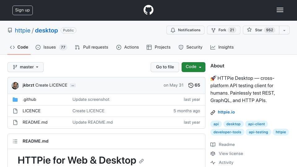 Screenshot of github.com: HTTPie Desktop: cross-platform API testing client for humans