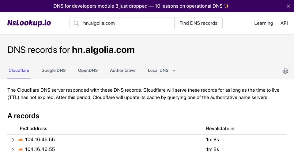 Screenshot of nslookup.io: Tell HN: DNS record "hn.algolia.com" was gone