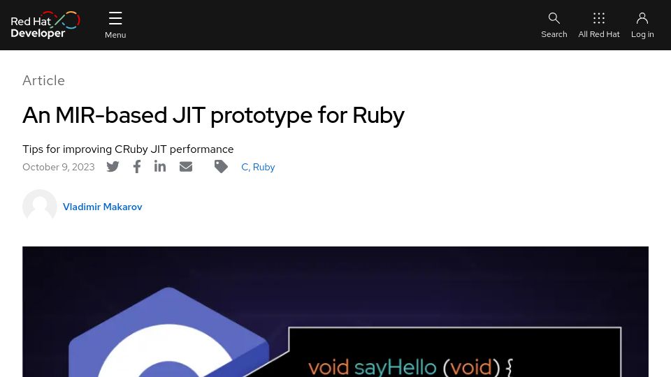 Screenshot of developers.redhat.com: An MIR-based JIT prototype for Ruby