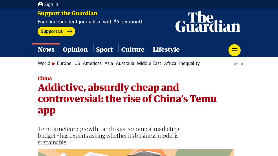 Screenshot of theguardian.com: Addictive cheap and controversial: the rise of China’s Temu app