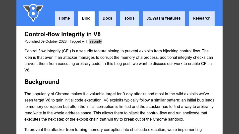 Screenshot of v8.dev: Control-Flow Integrity in V8