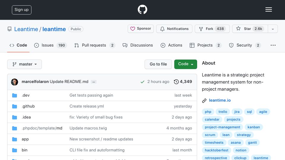 Screenshot of github.com: Leantime: Open-Source Jira Alternative