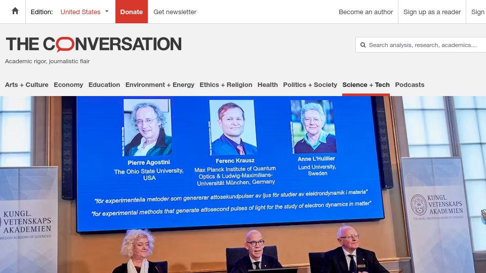 Screenshot of theconversation.com: I helped select the Nobel laureates in physics