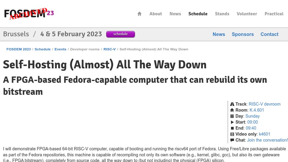 Screenshot of archive.fosdem.org: Self-Hosting (Almost) All the Way Down [video]