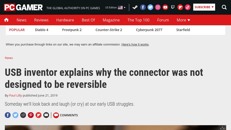 Screenshot of pcgamer.com: USB inventor explains why the connector was not designed to be reversible (2019)