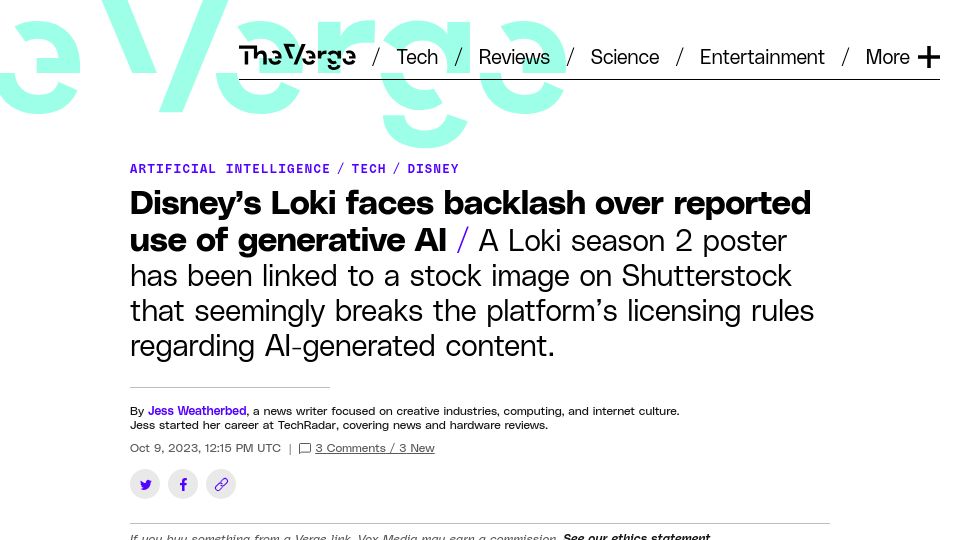 Screenshot of theverge.com: Disney's Loki faces backlash over reported use of generative AI
