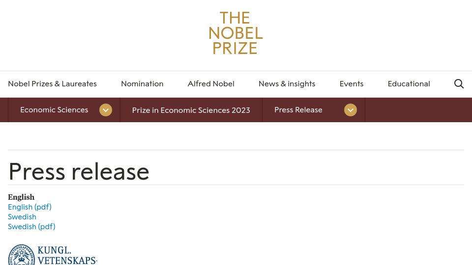 Screenshot of nobelprize.org: 2023 Nobel Prize in economics awarded to Claudia Goldin