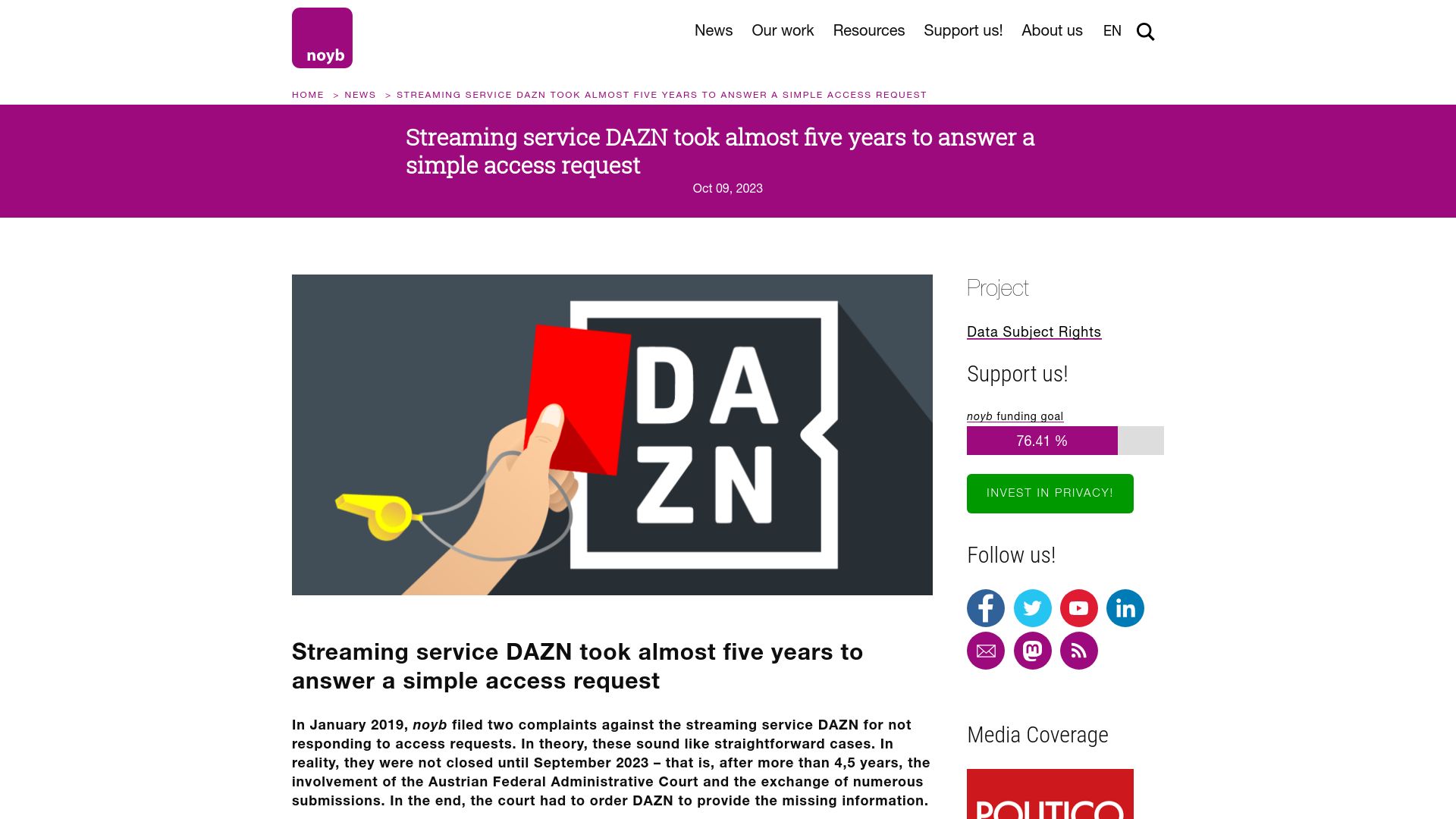 Screenshot of noyb.eu: Streaming service DAZN took almost five years to answer a simple access request