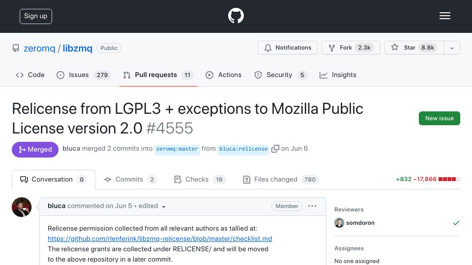 Screenshot of github.com: ZeroMQ – Relicense from LGPL3 and exceptions to MPL 2.0