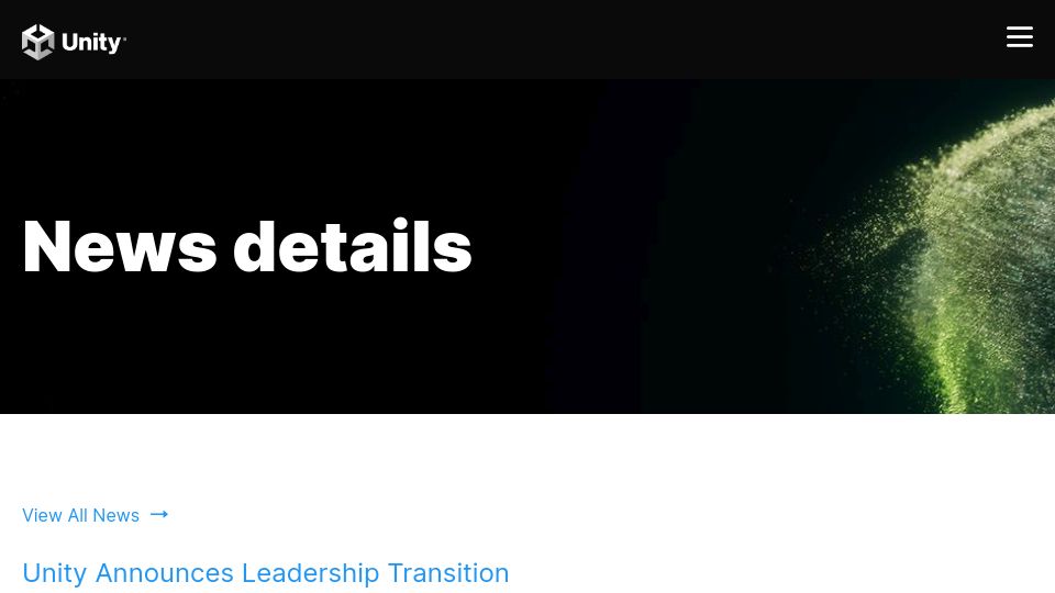 Screenshot of investors.unity.com: Unity Announces Leadership Transition
