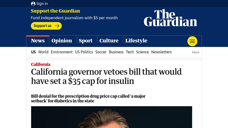 Screenshot of theguardian.com: California governor vetoes bill that would have set a $35 cap for insulin