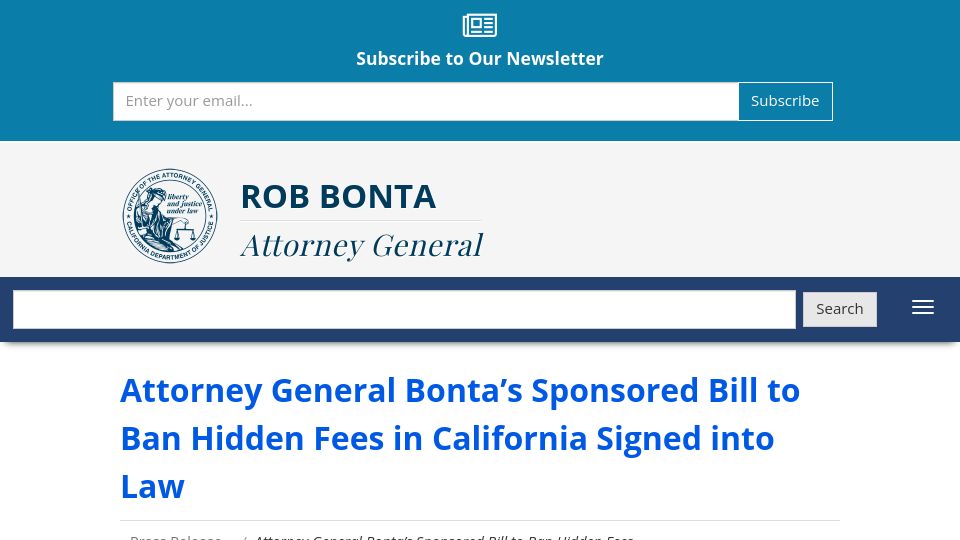 Screenshot of oag.ca.gov: Bill to ban hidden fees in California signed into law
