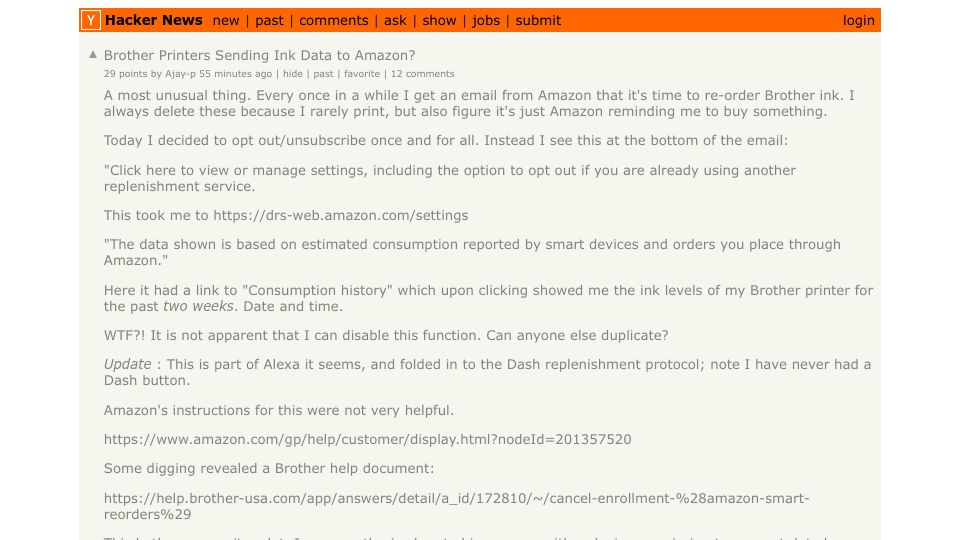 Screenshot of Hacker News post: Ask HN: Brother printers sending ink data to Amazon?