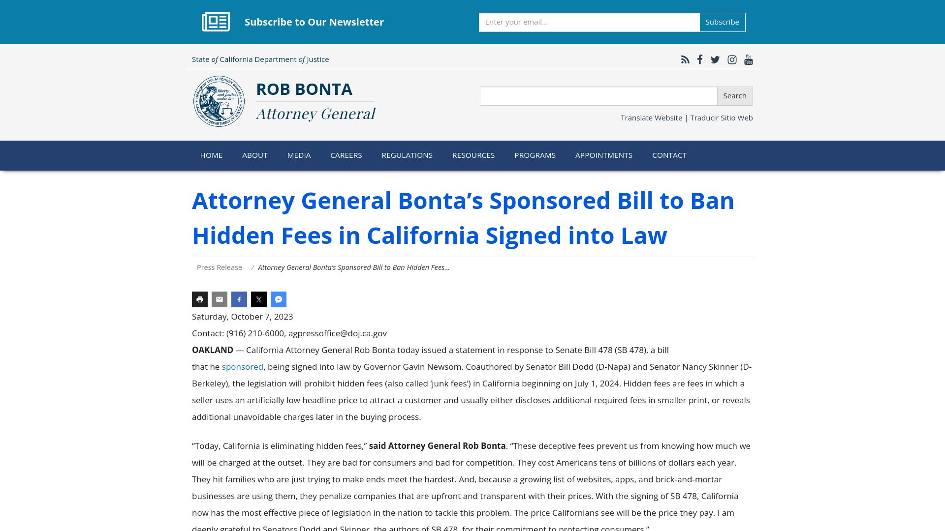 Screenshot of oag.ca.gov: Bill to ban hidden fees in California signed into law