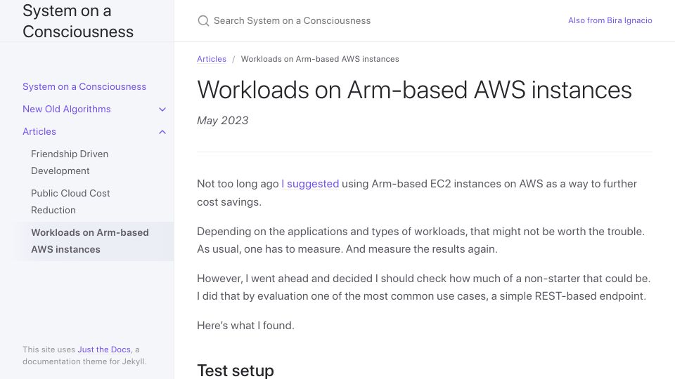 Screenshot of bignacio.github.io: Workloads on Arm-based AWS instances