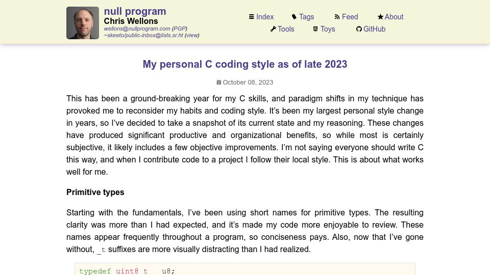 Screenshot of nullprogram.com: My personal C coding style as of late 2023