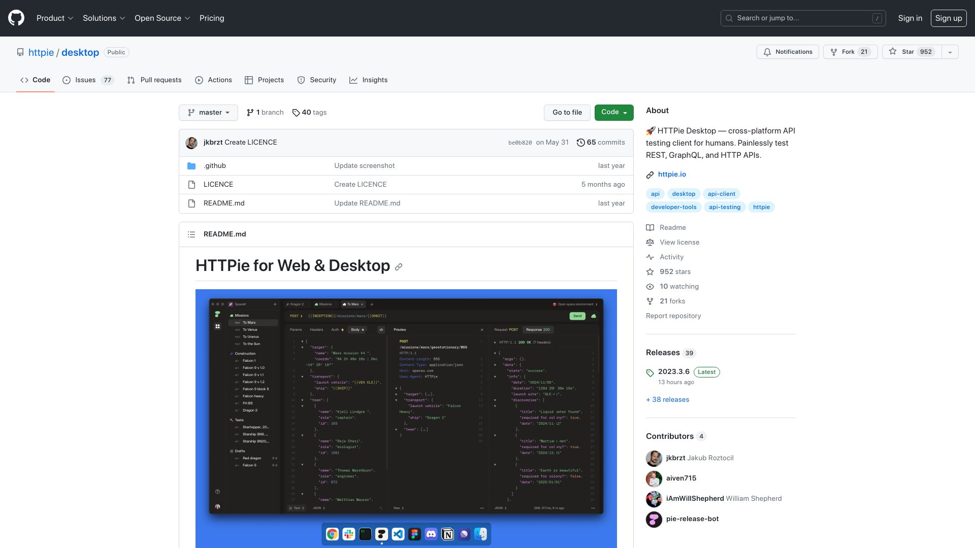 Screenshot of github.com: HTTPie Desktop: cross-platform API testing client for humans
