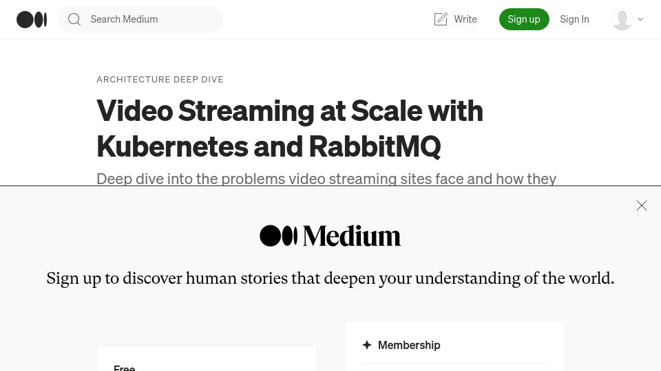 Screenshot of alexandreolive.medium.com: Video streaming at scale with Kubernetes and RabbitMQ