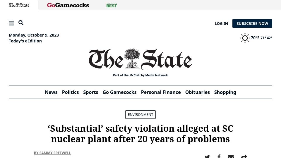 Screenshot of thestate.com: Feds find "substantial'' safety issue at SC nuclear plant