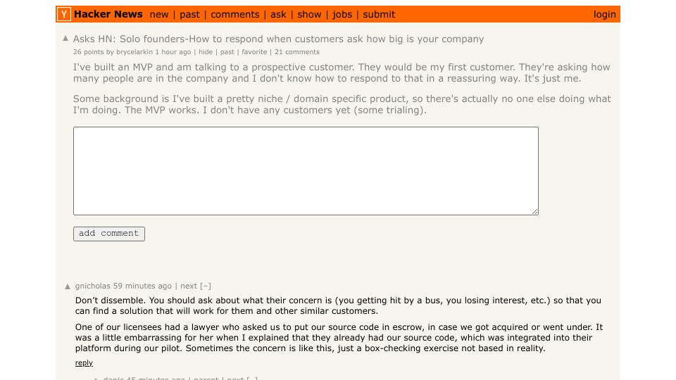 Screenshot of Hacker News post: Asks HN: Solo founders-How to respond when customers ask how big is your company