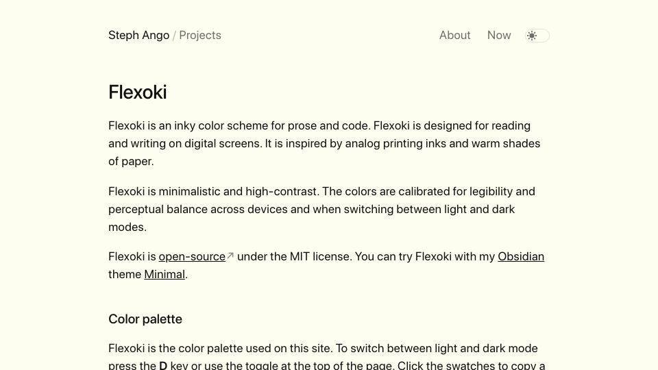 Screenshot of stephango.com: Flexoki, an inky color scheme for prose and code