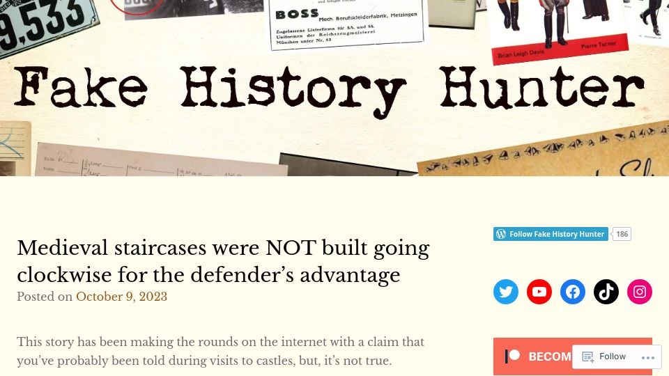 Screenshot of fakehistoryhunter.net: Medieval staircases were not built going clockwise for the defender's advantage