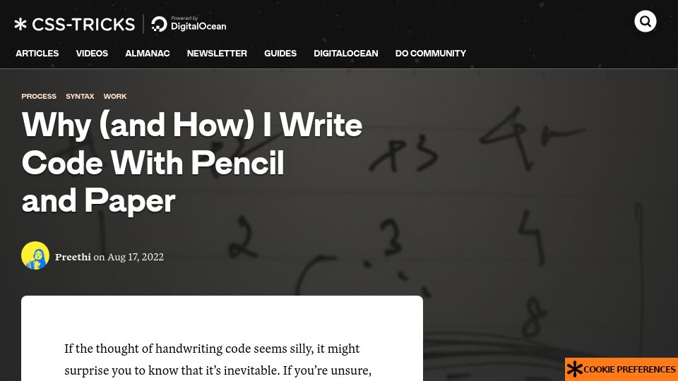 Screenshot of css-tricks.com: Writing code with pencil and paper (2022)