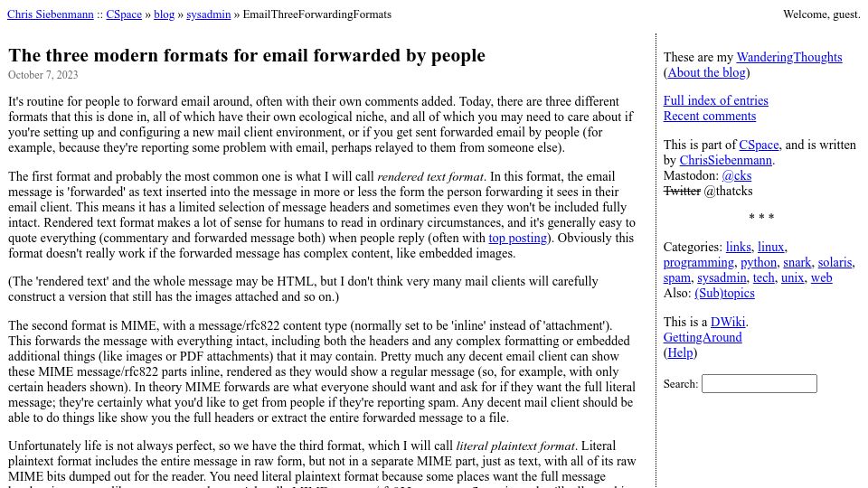 Screenshot of utcc.utoronto.ca: The three modern formats for email forwarded by people