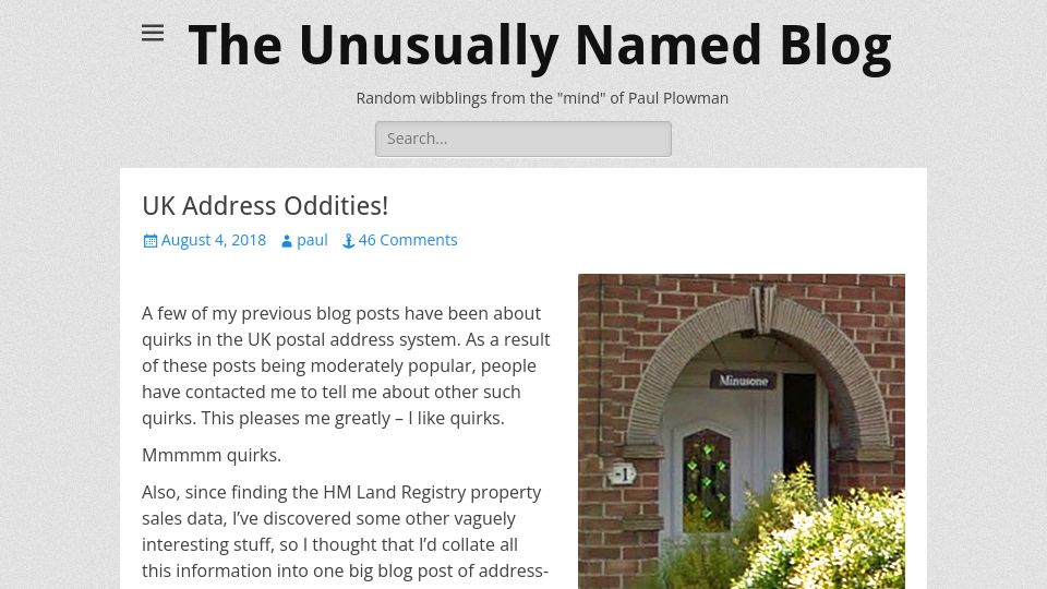 Screenshot of paulplowman.com: UK Address Oddities (2018)