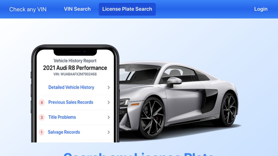 Screenshot of checkanyvin.com: Show HN: CheckAnyPlate – Free License Plate to VIN Decoder