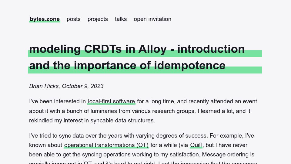 Screenshot of bytes.zone: Modeling CRDTs in Alloy – the importance of idempotence