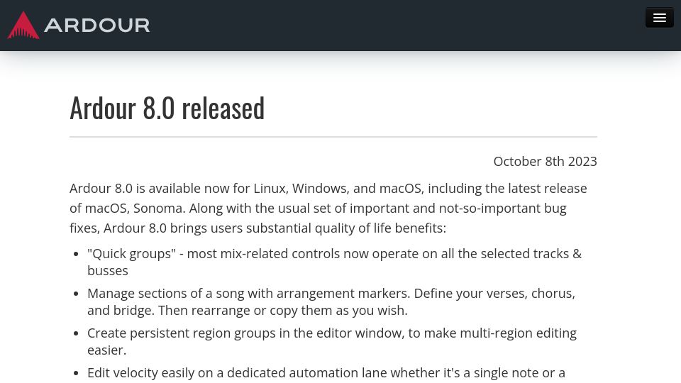 Screenshot of ardour.org: Ardour 8.0