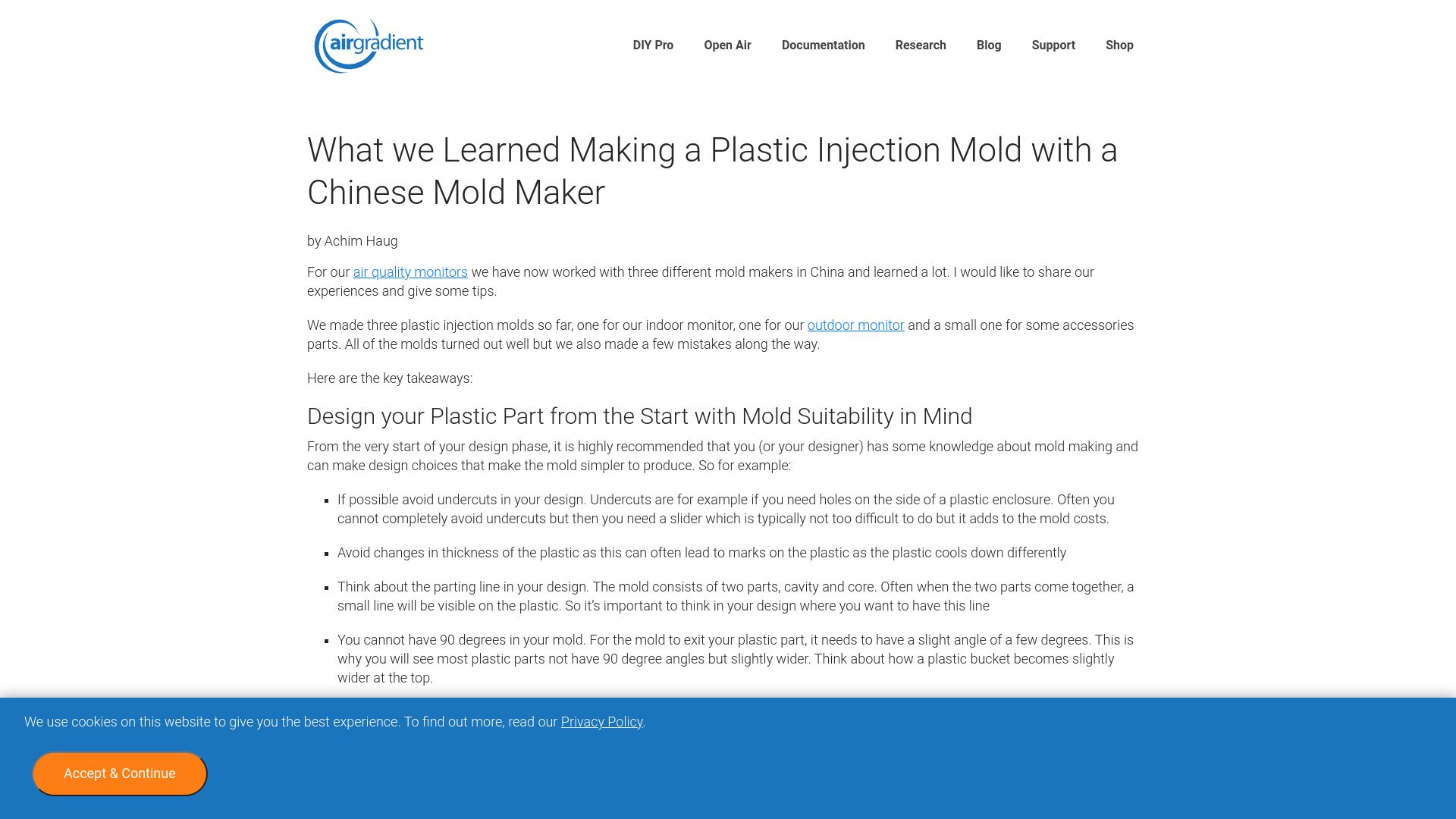 Screenshot of airgradient.com: What we learned making a plastic injection mold with a Chinese mold maker