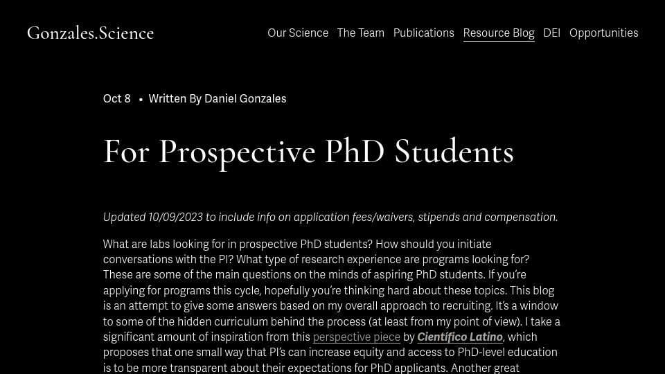 Screenshot of gonzales.science: Advice for Prospective PhD Students