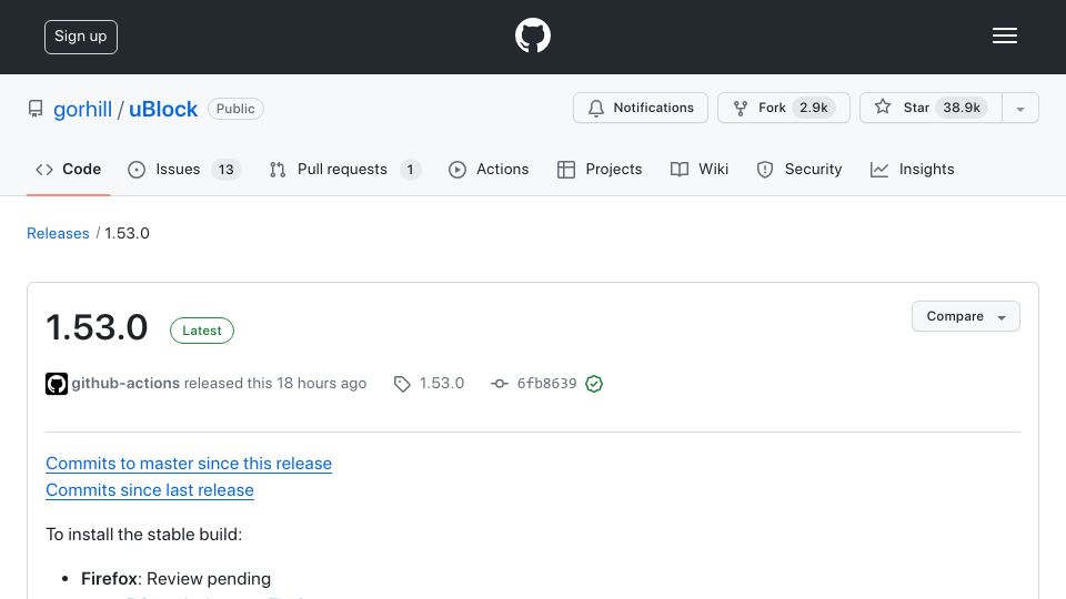 Screenshot of github.com: uBlock Origin 1.53