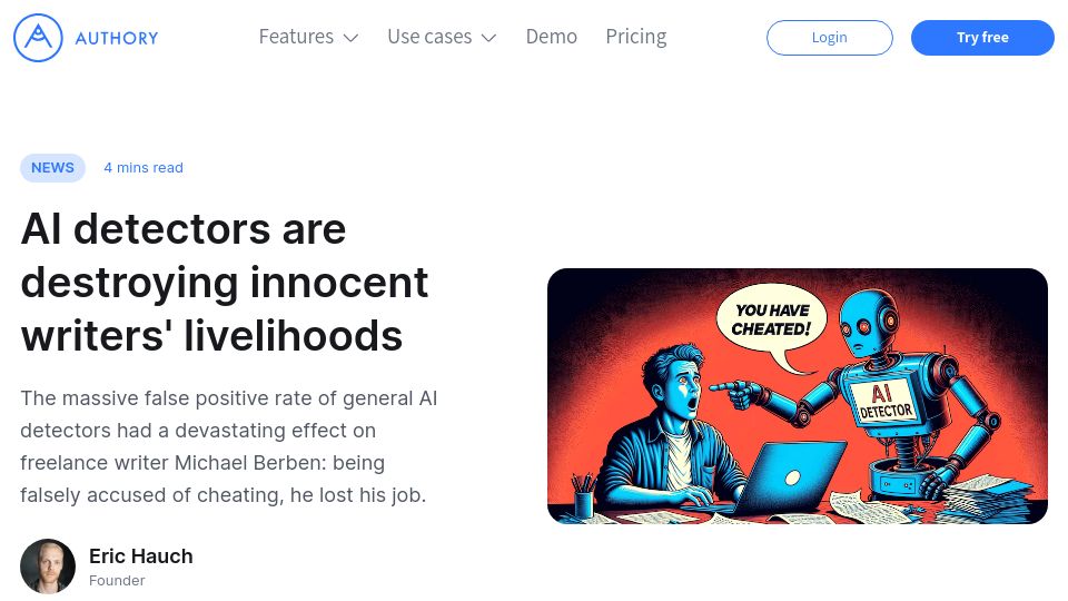 Screenshot of authory.com: The false positive rate of AI detectors and its effect on freelance writers