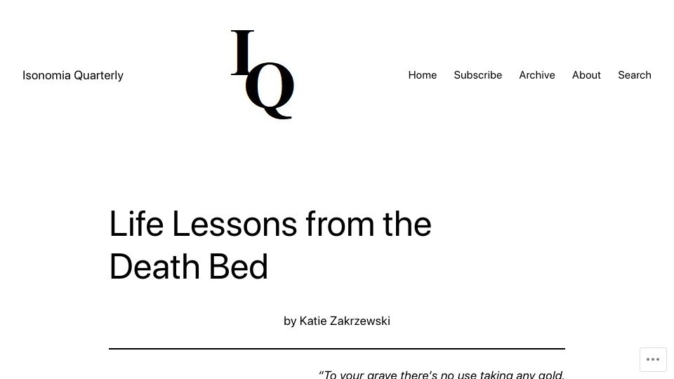 Screenshot of isonomiaquarterly.com: Life lessons from the death bed