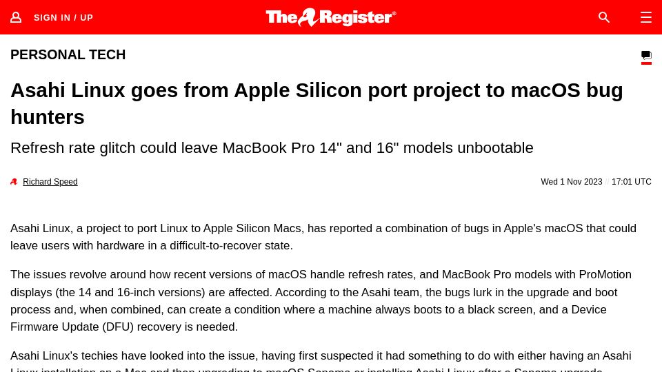 Screenshot of theregister.com: Asahi Linux goes from Apple Silicon port project to macOS bug hunters