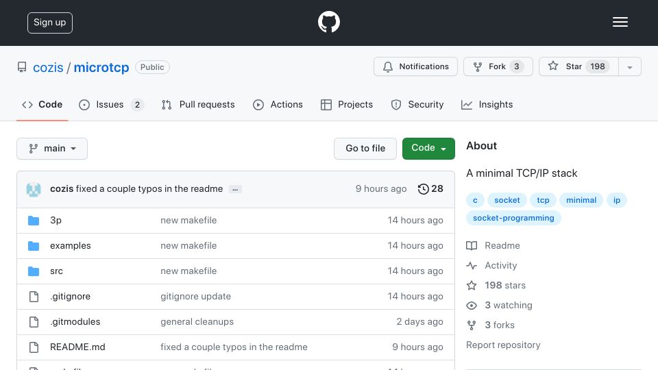 Screenshot of github.com: Show HN: MicroTCP, a minimal TCP/IP stack