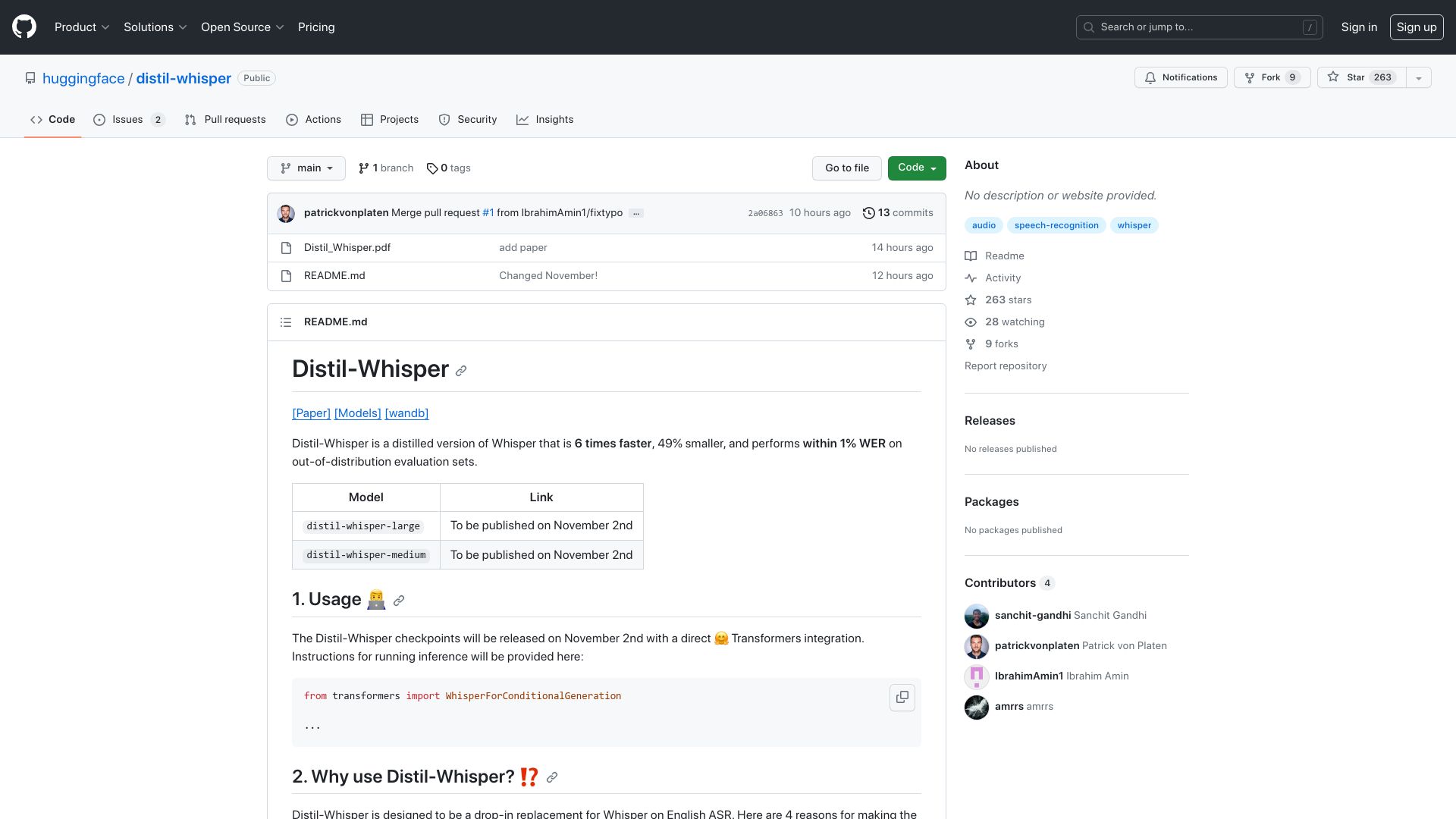Screenshot of github.com: Distil-Whisper: distilled version of Whisper that is 6 times faster, 49% smaller