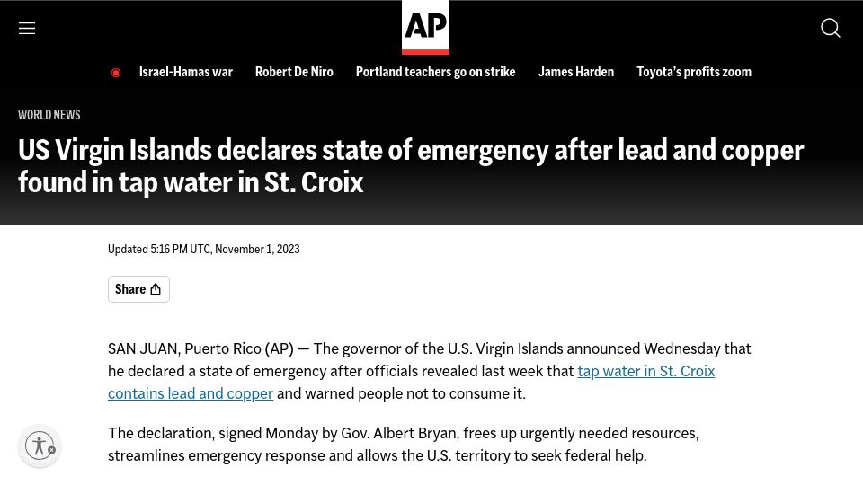 Screenshot of apnews.com: State of emergency declared after lead and copper found in St. Croix tap water
