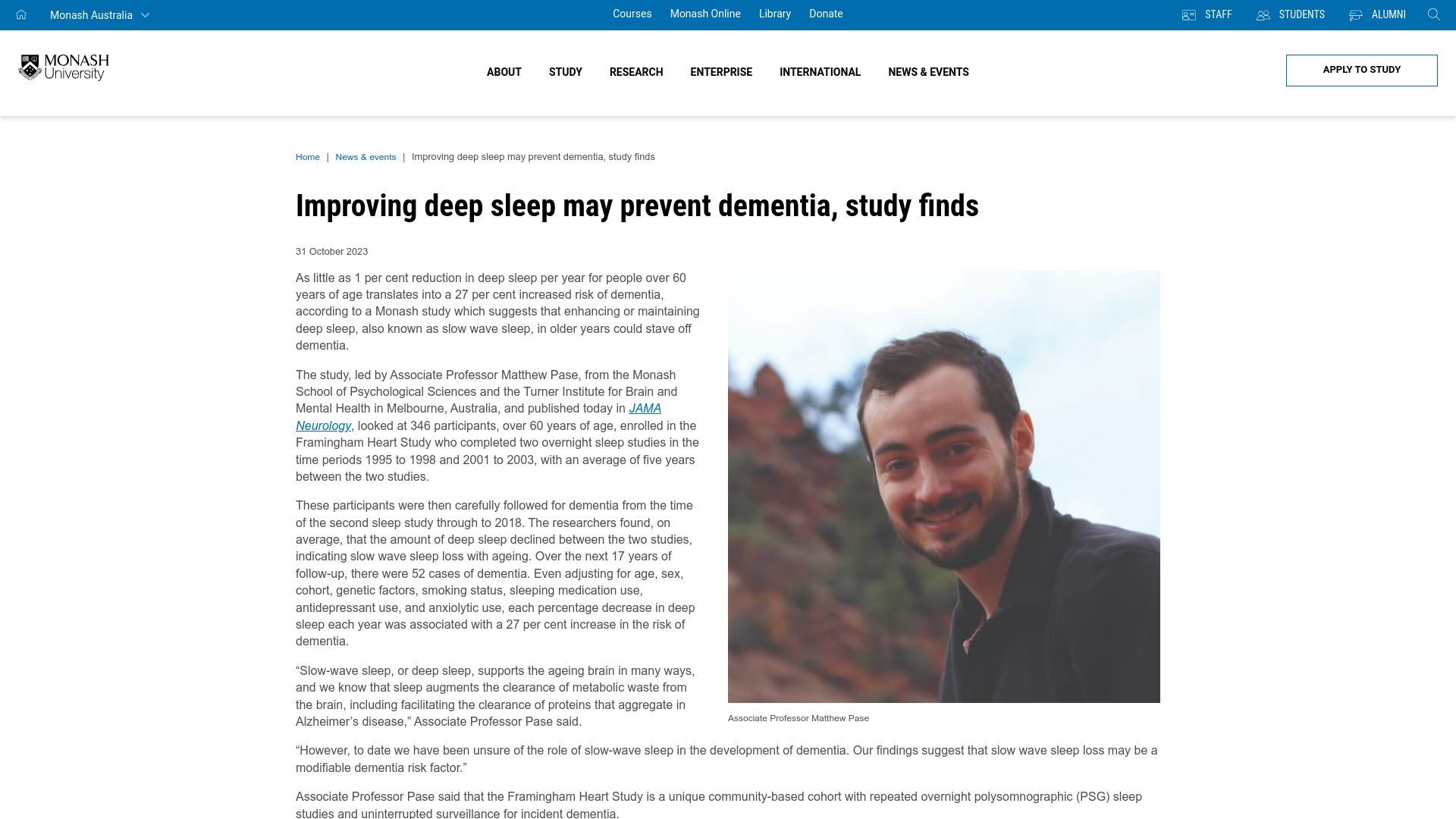 Screenshot of monash.edu: Improving deep sleep may prevent dementia, study finds