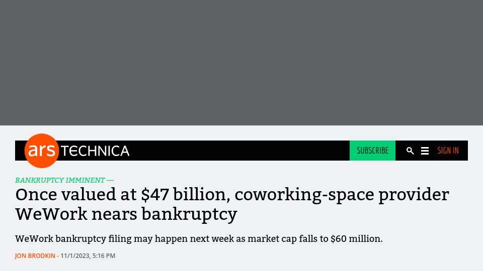 Screenshot of arstechnica.com: WeWork nears bankruptcy