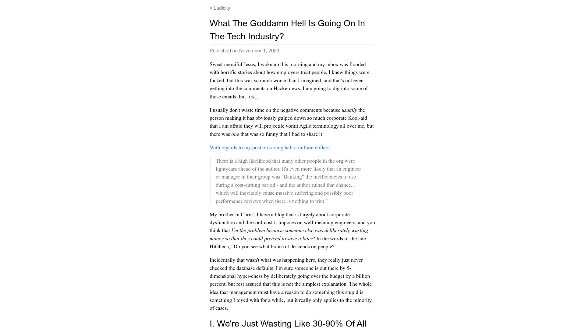 Screenshot of ludic.mataroa.blog: What the Goddamn Hell Is Going on in the Tech Industry?